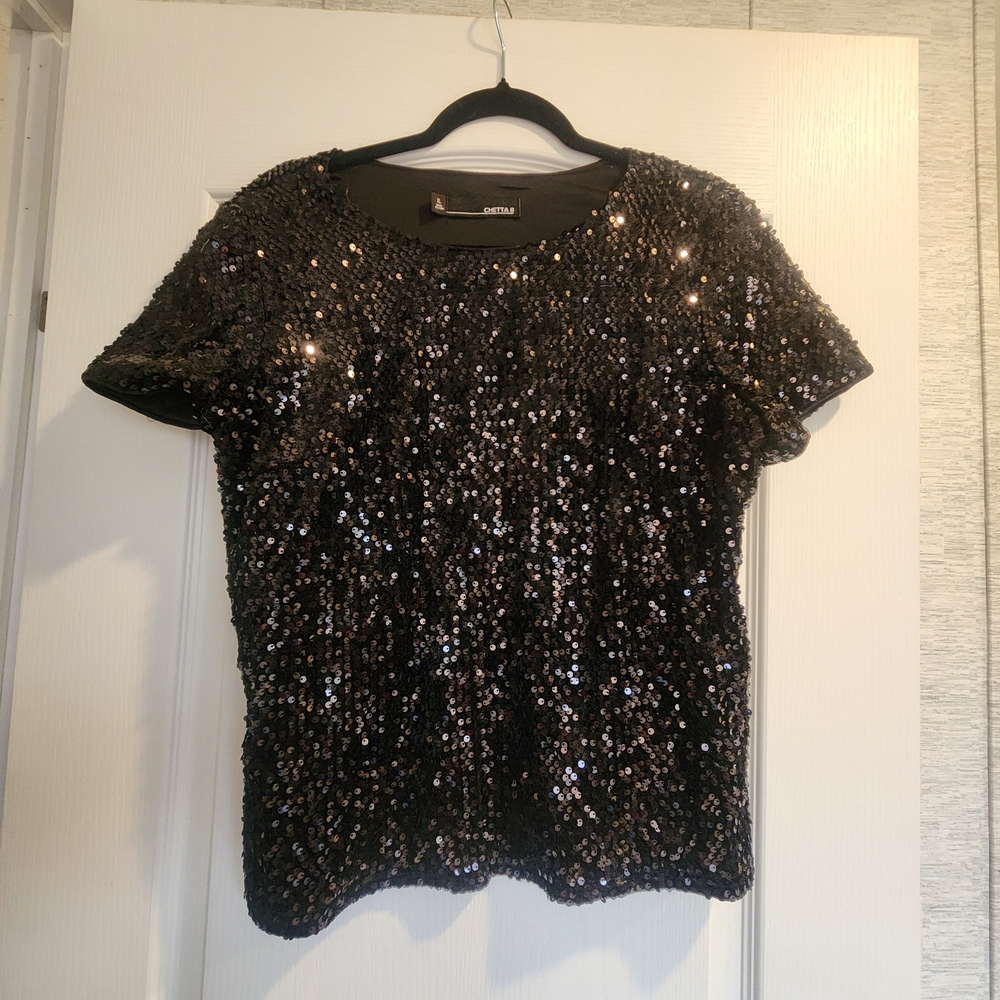 Chetta B Sparkling Black Sequin Blouse Size XL Euc